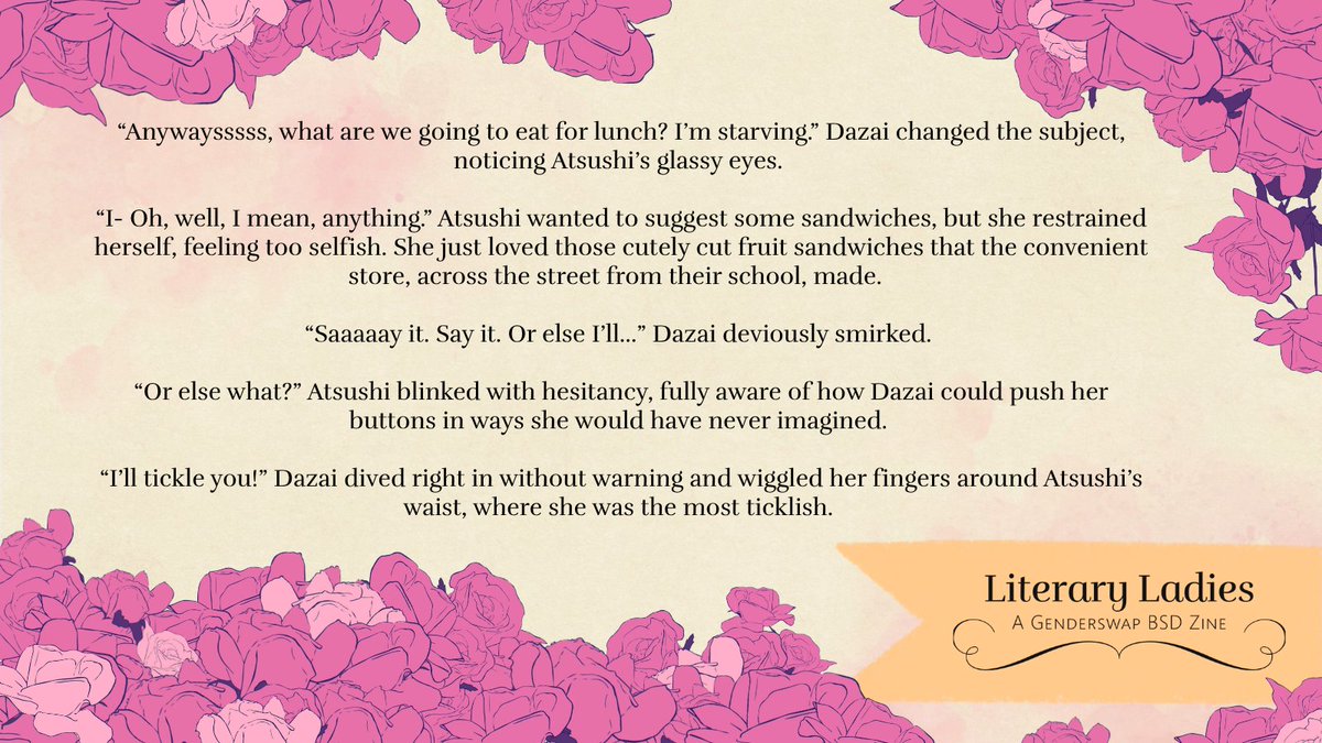 dropping another snippet i've been working on for the <a href="/literaryladiesZ/">Literary Ladies - a Genderswap BSD Zine</a> zine!!! it's a preview of a dazatsu story 🥰💖

check it out when it releases!!! ☺️

#bsd #bsdfanfic #dazatsu #genderbend