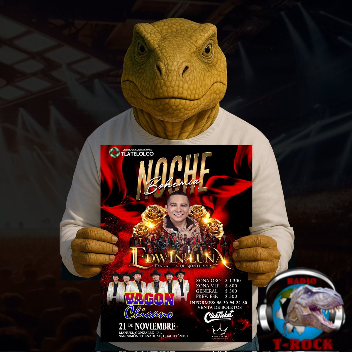 El 21 de noviembre no te pierdas de la "NOCHE BOHEMIA" A CARGO de VAGON CHICANO  y  EDWIN LUNA Y LA TRAKALOSA DE MONTERREY 

Adquiere tus boletos 
en clickticket.com.mx/noche-bohemia
En el Centro de convenciones Tlatelolco, al teléfono que viene o en los puntos de venta establecidos.