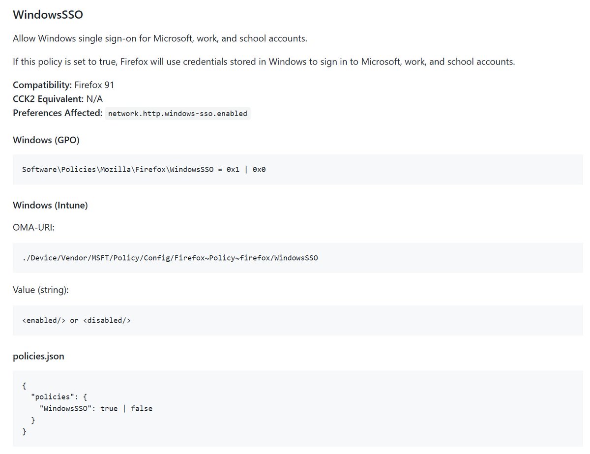 NathanMcNulty's tweet image. For Firefox, we need to enable Windows SSO as it is not enabled by default:
mozilla.github.io/policy-templat…
For Chrome, we need to enable CloudAP as it is not enabled by default:
chromeenterprise.google/policies/#Clou…