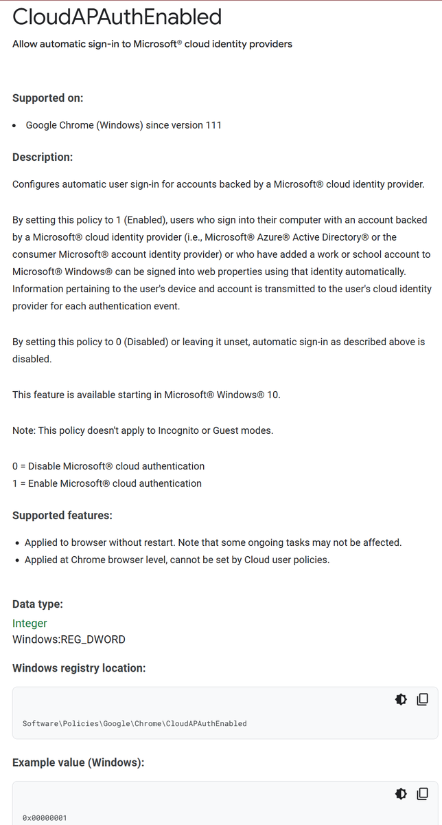 NathanMcNulty's tweet image. For Firefox, we need to enable Windows SSO as it is not enabled by default:
mozilla.github.io/policy-templat…
For Chrome, we need to enable CloudAP as it is not enabled by default:
chromeenterprise.google/policies/#Clou…