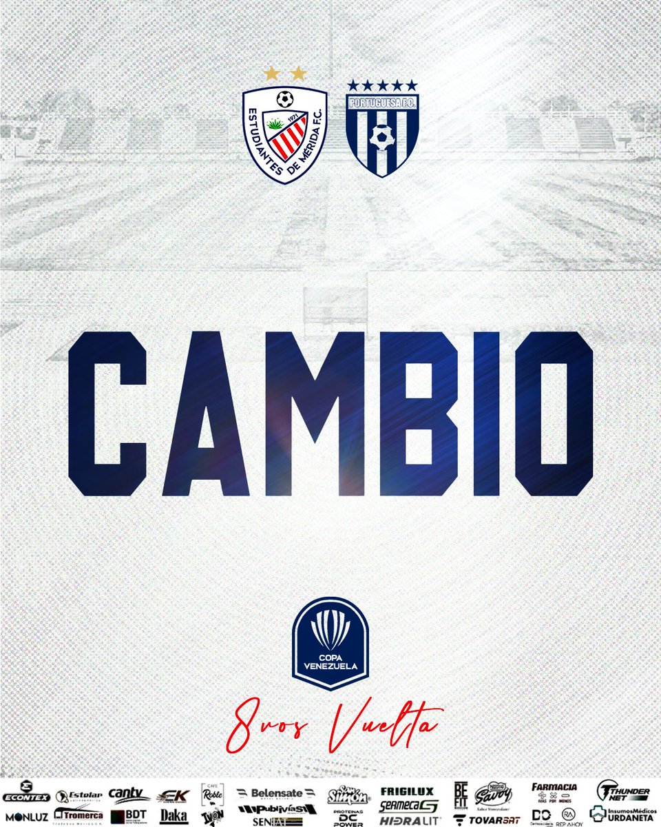 Estudiantes de Mérida FC (@estudiantesmefc) on Twitter photo 🚩#8vos #CopaVenezuela
#Vuelta
⏱️ 74'
🎙️ Cambio en <a href="/EstudiantesMEFC/">Estudiantes de Mérida FC</a>
⬅️ Jesús Lobo
➡️ Jesús Hernández
<a href="/Portuguesa_FC/">Portuguesa FC</a> 0️⃣ - 0️⃣ <a href="/EstudiantesMEFC/">Estudiantes de Mérida FC</a>
#ElEquipoDelPuebloMerideño 🔴⚪
#VenezuelaEsFUTVE
#LigaFUTVEBancoDeVenezuela 🚩#8vos #CopaVenezuela
#Vuelta
⏱️ 74'
🎙️ Cambio en <a href="/EstudiantesMEFC/">Estudiantes de Mérida FC</a>
⬅️ Jesús Lobo
➡️ Jesús Hernández
<a href="/Portuguesa_FC/">Portuguesa FC</a> 0️⃣ - 0️⃣ <a href="/EstudiantesMEFC/">Estudiantes de Mérida FC</a>
#ElEquipoDelPuebloMerideño 🔴⚪
#VenezuelaEsFUTVE
#LigaFUTVEBancoDeVenezuela