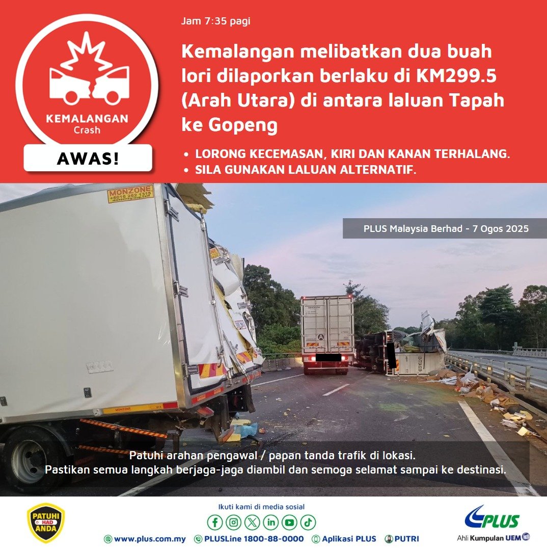 plustrafik's tweet photo. 07:33hrs Awas! Kemalangan Km 299.5 arah Utara dari Tapah ke Gopeng. Lorong kiri, Lorong kanan terhalang. Trafik perlahan 5km. Rancang perjalanan anda &amp; guna laluan alternatif keluar di plaza tol Tapah. Pandu berhati-hati. Harap maklum.@llmtrafik https://t.co/34uLr9YBHg