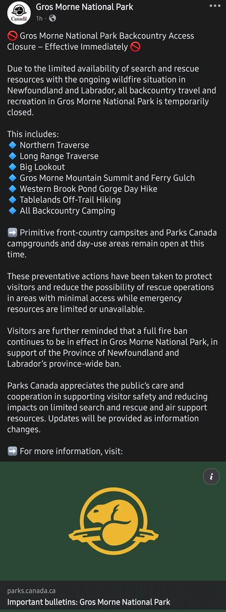 Due to the limited availability of search and rescue resources with the ongoing wildfire situation in Newfoundland and Labrador, all backcountry travel and recreation in Gros Morne National Park is temporarily closed.

#nltraffic <a href="/NTVNewsNL/">NTV News</a> 
,