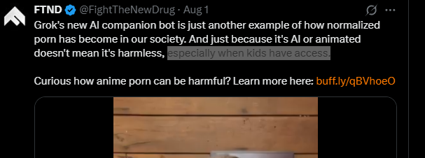 This is what gas lighting looks like. They joined in on the public shaming and calls for bans in the name of kids but leave out in order to access Ani, you have to have a credit card, which means verifying your identity because only adults can open cards. 

On top of that, there