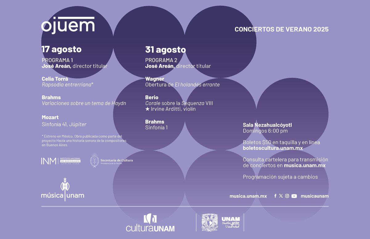 ¡La OJUEM musicaliza este verano!
En los Conciertos de verano 2025 la OJUEM ofrece una selección de obras tradicionales, además de un estreno en México.

• Consulta cartelera aquí: musica.unam.mx/calendario?sea…
• Boletos en línea: boletoscultura.unam.mx/eventperforman…

#MúsicaUNAM #CulturaUNAM