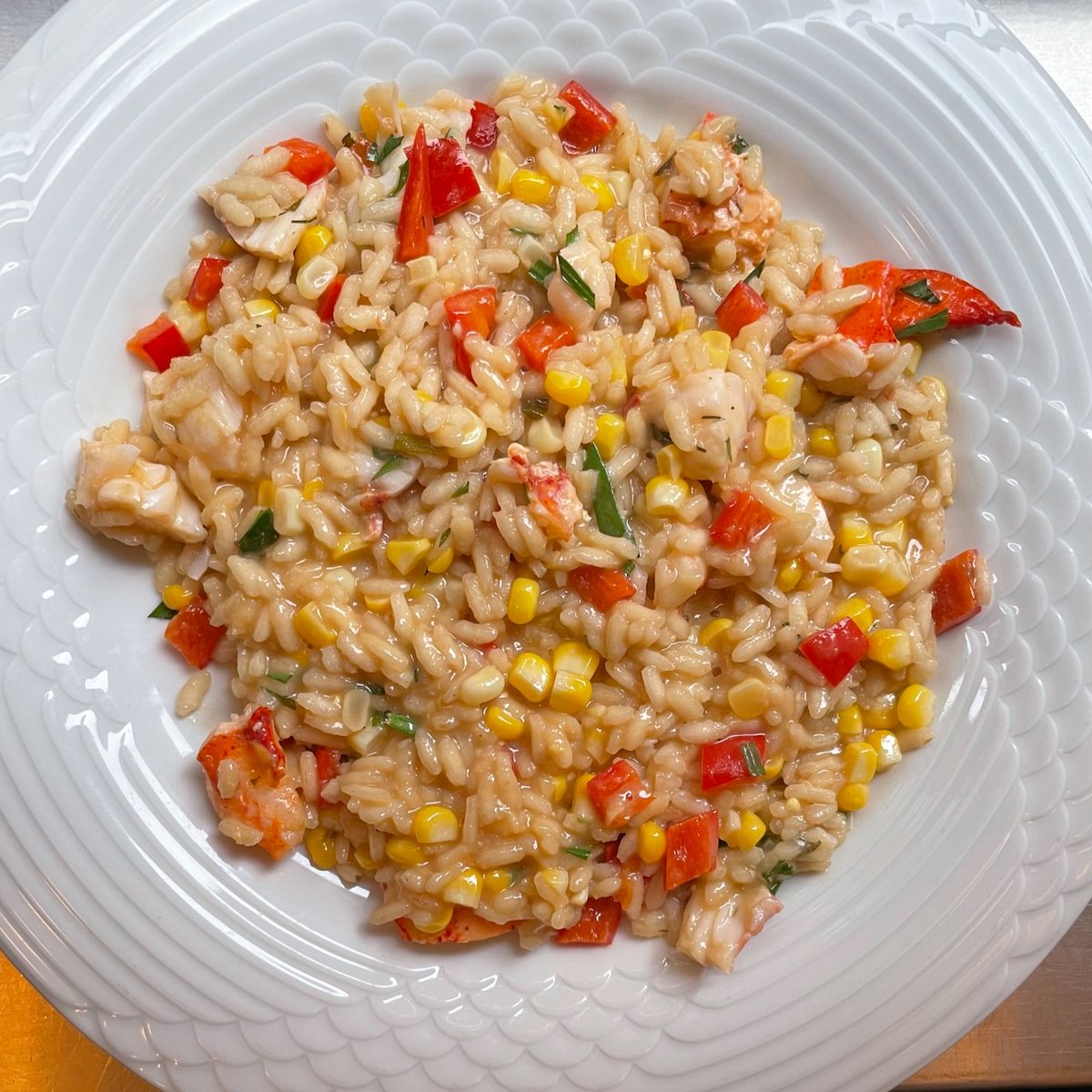 Another doggie-bag dinner: Lobster from Monday's excellent meal at <a href="/jeangeorges/">JG Vongerichten</a>'s JoJo became a risotto this evening with corn and peppers from our nearby <a href="/GrowNYC/">GrowNYC</a> farmers' market.