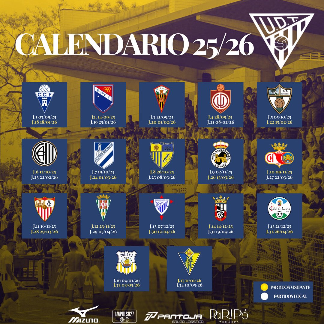 📅Calendario oficial 𝟑 𝐑𝐅𝐄𝐅 𝟐𝟓/𝟐𝟔.💛💙

➡️ 𝟏ª 𝐉𝐨𝐫𝐧𝐚𝐝𝐚. 07/09/25 
🆚 <a href="/castilleja_cf/">Castilleja Club de Fútbol</a> 🏟️

➡️ 𝟑𝟒ª 𝐉𝐨𝐫𝐧𝐚𝐝𝐚. 10/06/26 
🆚 <a href="/Cadiz_CFCantera/">Cádiz CF Mirandilla - Cantera Cádiz CF</a> 🏟️

Cada vez falta menos para nuestra vuelta a la competición.🤩

#AquiEstamosOtraVez