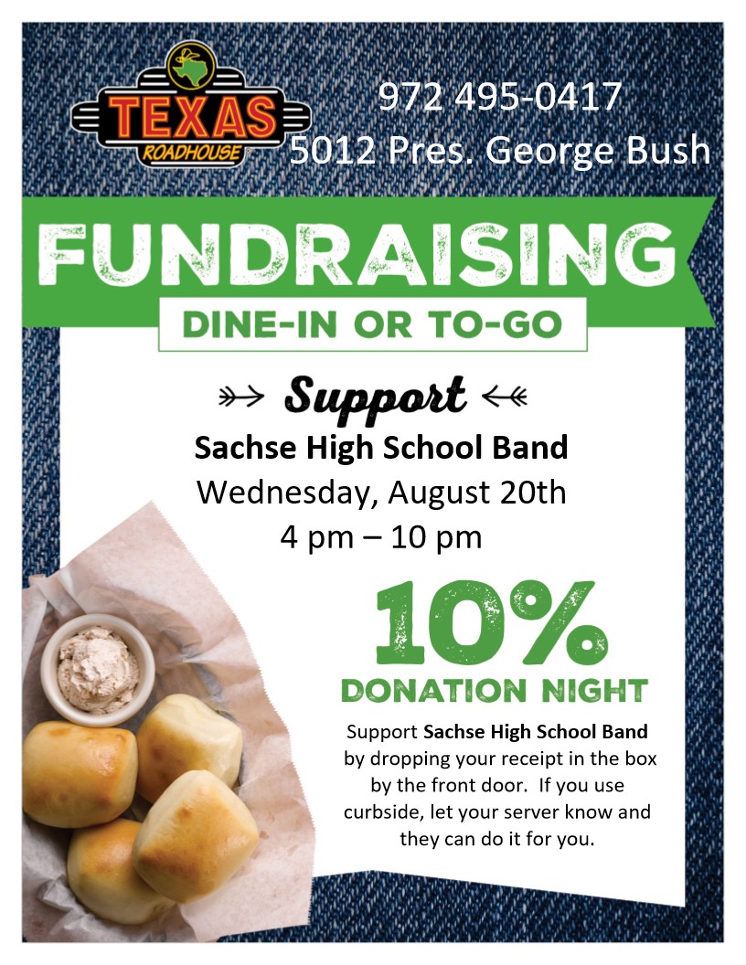 Calling all <a href="/SHS_Mustangs/">Sachse High School 🎓</a> Band Parents and Fans!

📅 Wed Aug 20 | 4–10 PM
📍 Texas Roadhouse (Garland - PGBT)

Support the Sachse Mustang Band by dining in or ordering curbside. Just drop your receipt in the box or tell your server! Every meal helps raise money for our band!