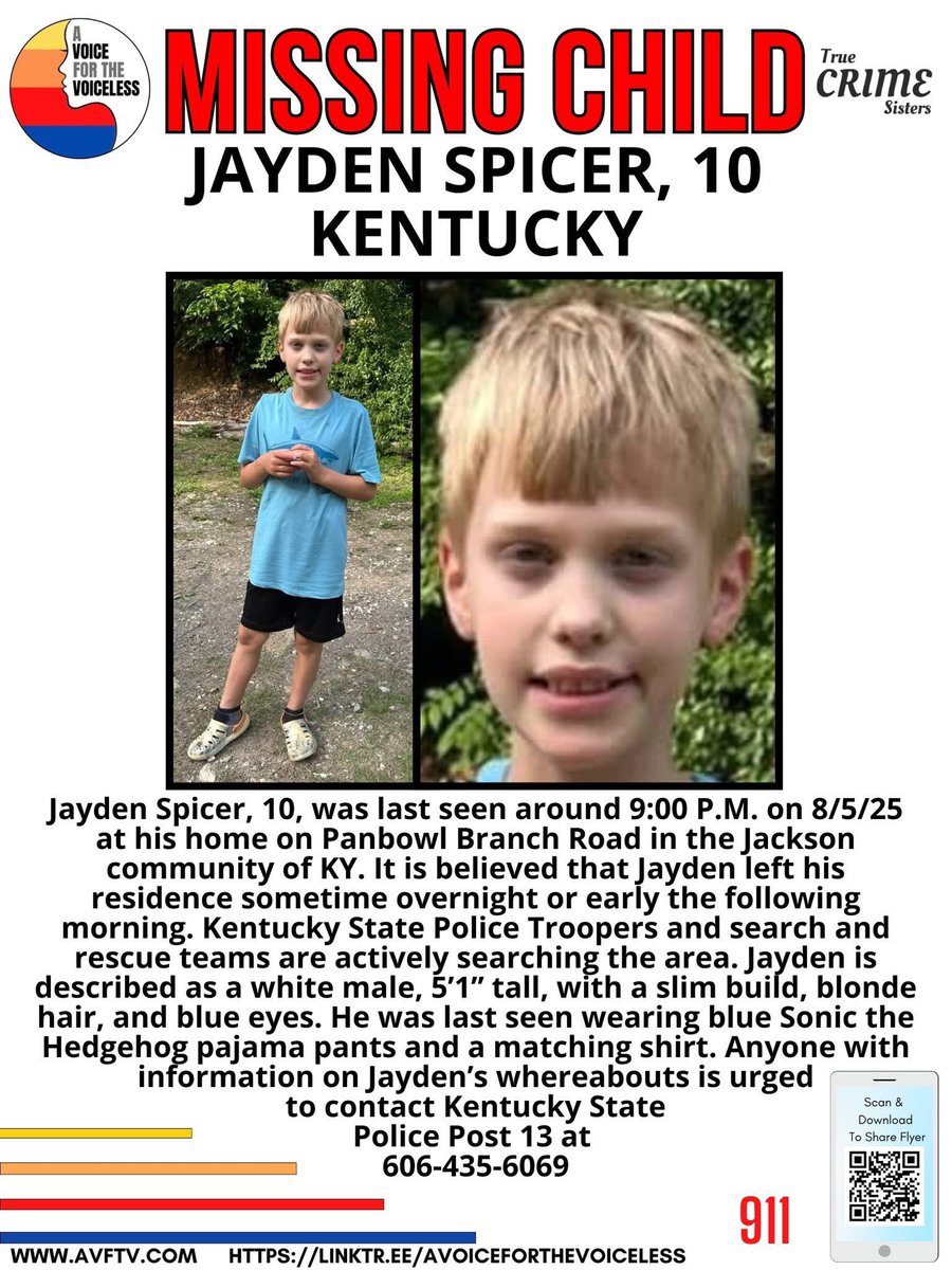 10-year-old Jayden Spicer has been reported missing from Jackson, Kentucky, since August 5, 2025. He was last seen wearing blue Sonic pajamas.

Jayden is 5'1", slim build, with blonde hair and blue eyes. If you have any information, please contact Kentucky State Police Post 13.