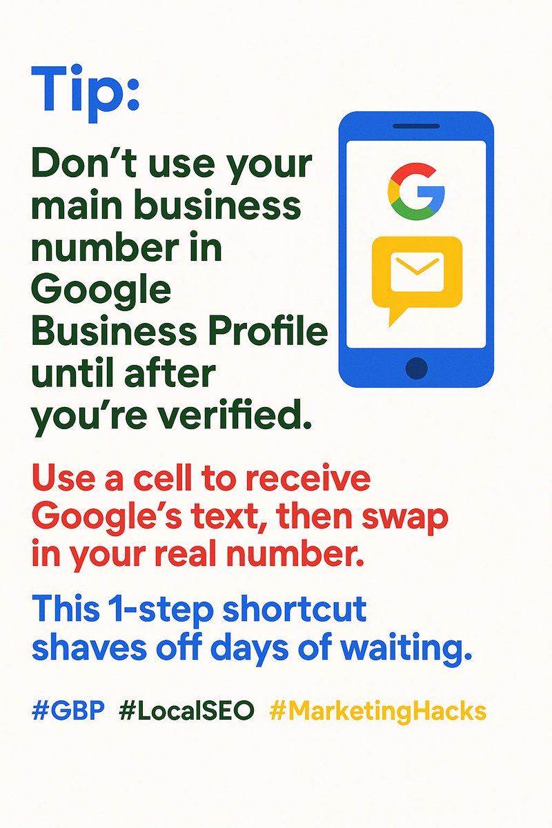 JoeMayLI's tweet image. Tip: Don’t use your main business number in Google Business Profile until after you’re verified.
Use a cell to receive Google’s text, then swap in your real number.
This 1-step shortcut shaves off days of waiting. #GBP #LocalSEO #MarketingHacks
