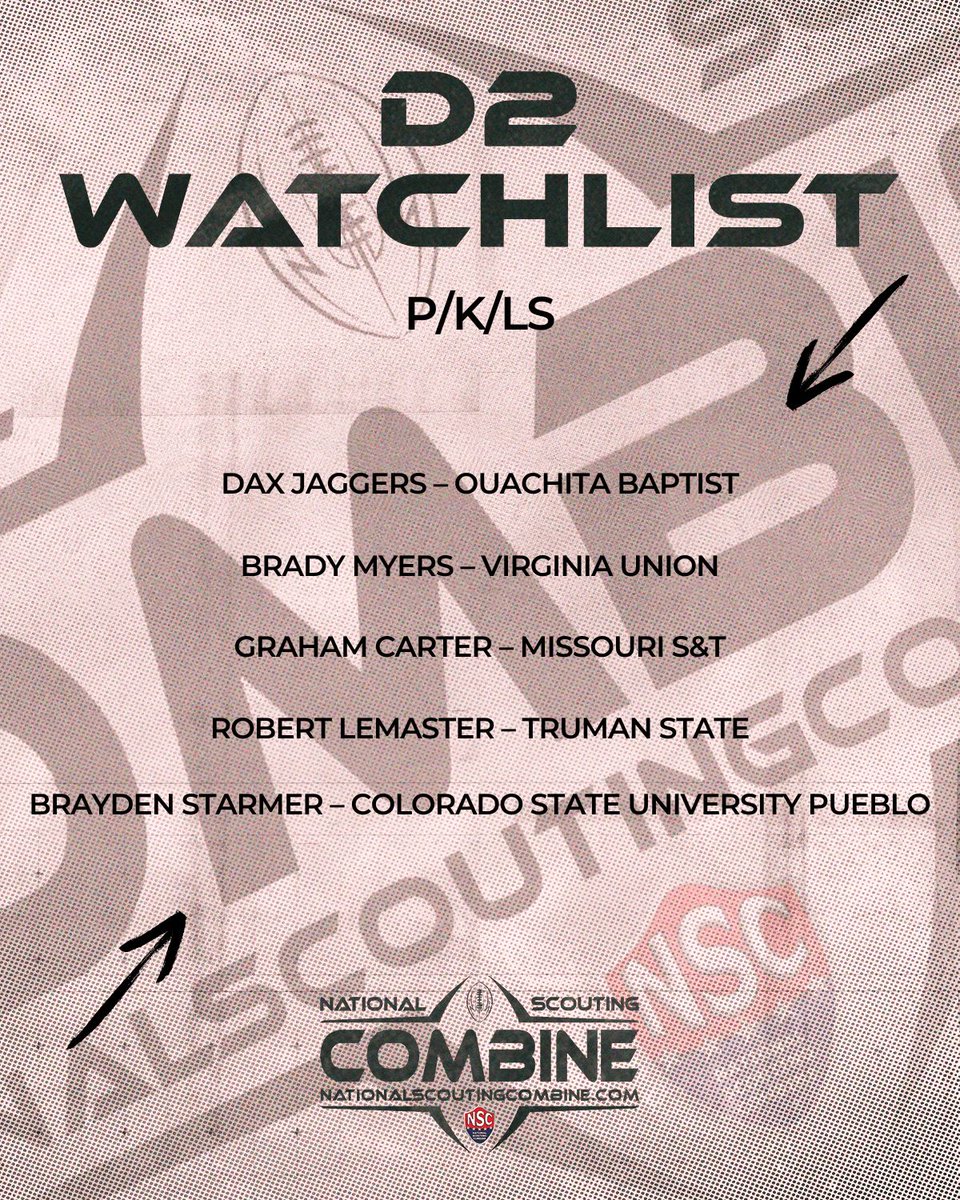 D2 Watchlist for Week 9 😎
Ready to prove yourself?

<a href="/JaggersDax/">Dax Jaggers</a>
<a href="/bradym04/">Brady Myers</a>
<a href="/Miners_FB/">S&T Football</a>
<a href="/RobertLS62/">Robert LeMaster</a>
<a href="/starmer_brayden/">Brayden Starmer</a> 

Follow us @nscombine to see more players we are watching. 

#NSC2026 #NSCombine #NSCWatchlist #ProductOfNSC #Watchlist #ProFootball