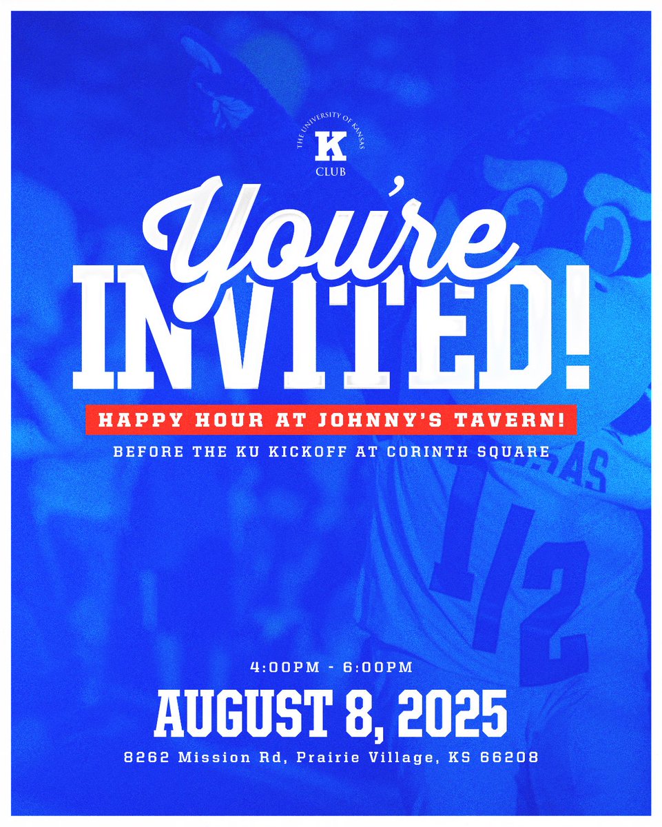 You’re Invited‼️

Spend this Friday with fellow K Club members at Johnny’s Tavern in Prairie Village before the KU Kickoff at Corinth Square!

No RSVP needed. We hope to see you there!
#RockChalk