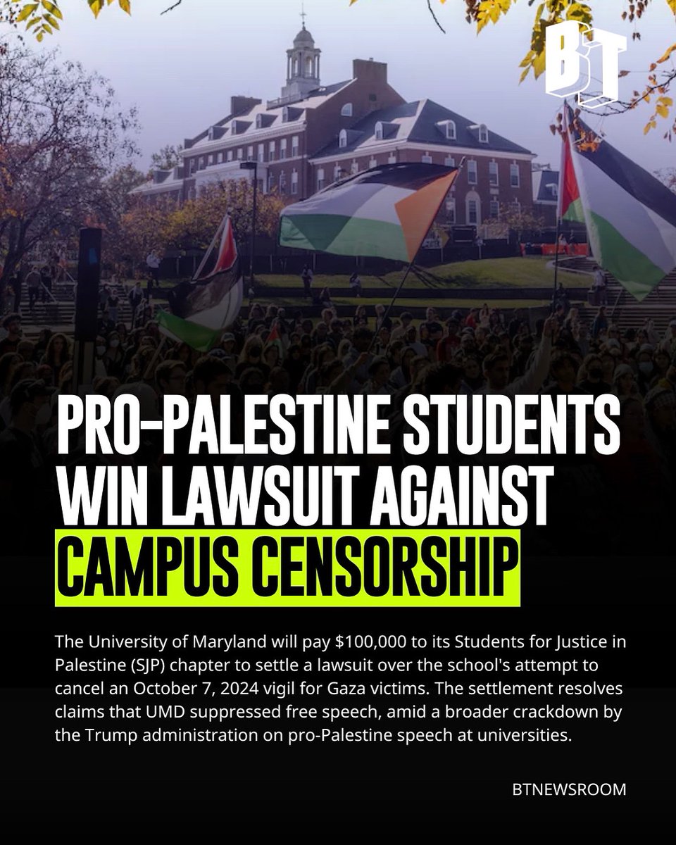 The University of Maryland will pay $100,000 to its Students for Justice in Palestine (SJP) chapter to settle a lawsuit over the school's cancellation of an October 7, 2024 vigil for Gaza victims. 

UMD had cited threats from Zionists and the KKK as justification. The settlement