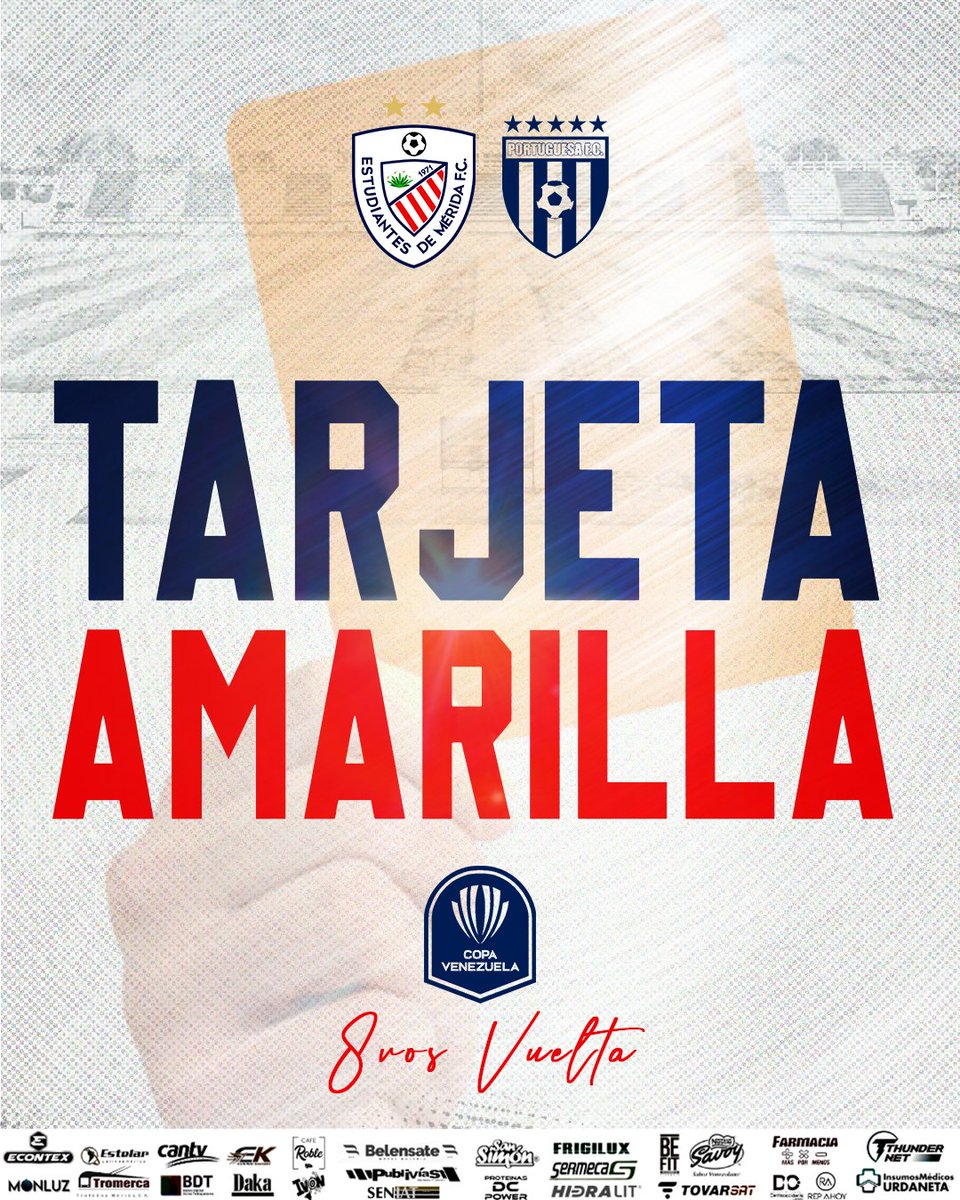 Estudiantes de Mérida FC (@estudiantesmefc) on Twitter photo 🚩#8vos #CopaVenezuela
#Vuelta
⏱️90+1'
🎙️ Tarjeta 🟨 para Wilken Ramírez de <a href="/EstudiantesMEFC/">Estudiantes de Mérida FC</a>
<a href="/Portuguesa_FC/">Portuguesa FC</a> 0️⃣-0️⃣ <a href="/EstudiantesMEFC/">Estudiantes de Mérida FC</a>
#ElEquipoDelPuebloMerideño 🔴⚪️
#VenezuelaEsFUTVE 🚩#8vos #CopaVenezuela
#Vuelta
⏱️90+1'
🎙️ Tarjeta 🟨 para Wilken Ramírez de <a href="/EstudiantesMEFC/">Estudiantes de Mérida FC</a>
<a href="/Portuguesa_FC/">Portuguesa FC</a> 0️⃣-0️⃣ <a href="/EstudiantesMEFC/">Estudiantes de Mérida FC</a>
#ElEquipoDelPuebloMerideño 🔴⚪️
#VenezuelaEsFUTVE
