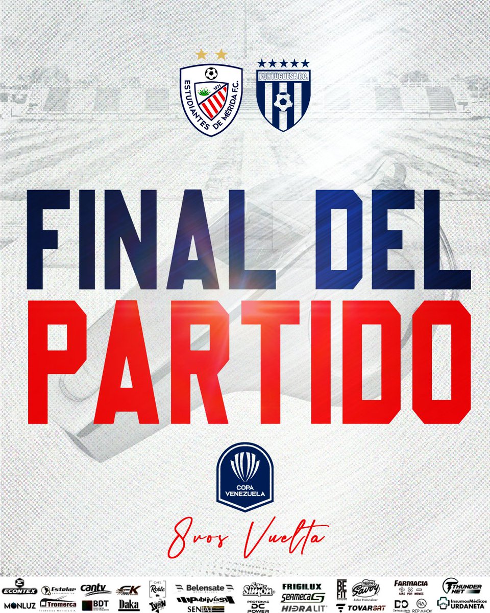 Estudiantes de Mérida FC (@estudiantesmefc) on Twitter photo 🚩#8vos #CopaVenezuela
#Vuelta
⏱️90+4'
🎙️ Termina el encuentro en Araure en empate ¡PENALES!
<a href="/Portuguesa_FC/">Portuguesa FC</a> 0️⃣-0️⃣ <a href="/EstudiantesMEFC/">Estudiantes de Mérida FC</a>
Global 2️⃣-2️⃣
#ElEquipoDelPuebloMerideño 🔴⚪️
#VenezuelaEsFUTVE 🚩#8vos #CopaVenezuela
#Vuelta
⏱️90+4'
🎙️ Termina el encuentro en Araure en empate ¡PENALES!
<a href="/Portuguesa_FC/">Portuguesa FC</a> 0️⃣-0️⃣ <a href="/EstudiantesMEFC/">Estudiantes de Mérida FC</a>
Global 2️⃣-2️⃣
#ElEquipoDelPuebloMerideño 🔴⚪️
#VenezuelaEsFUTVE