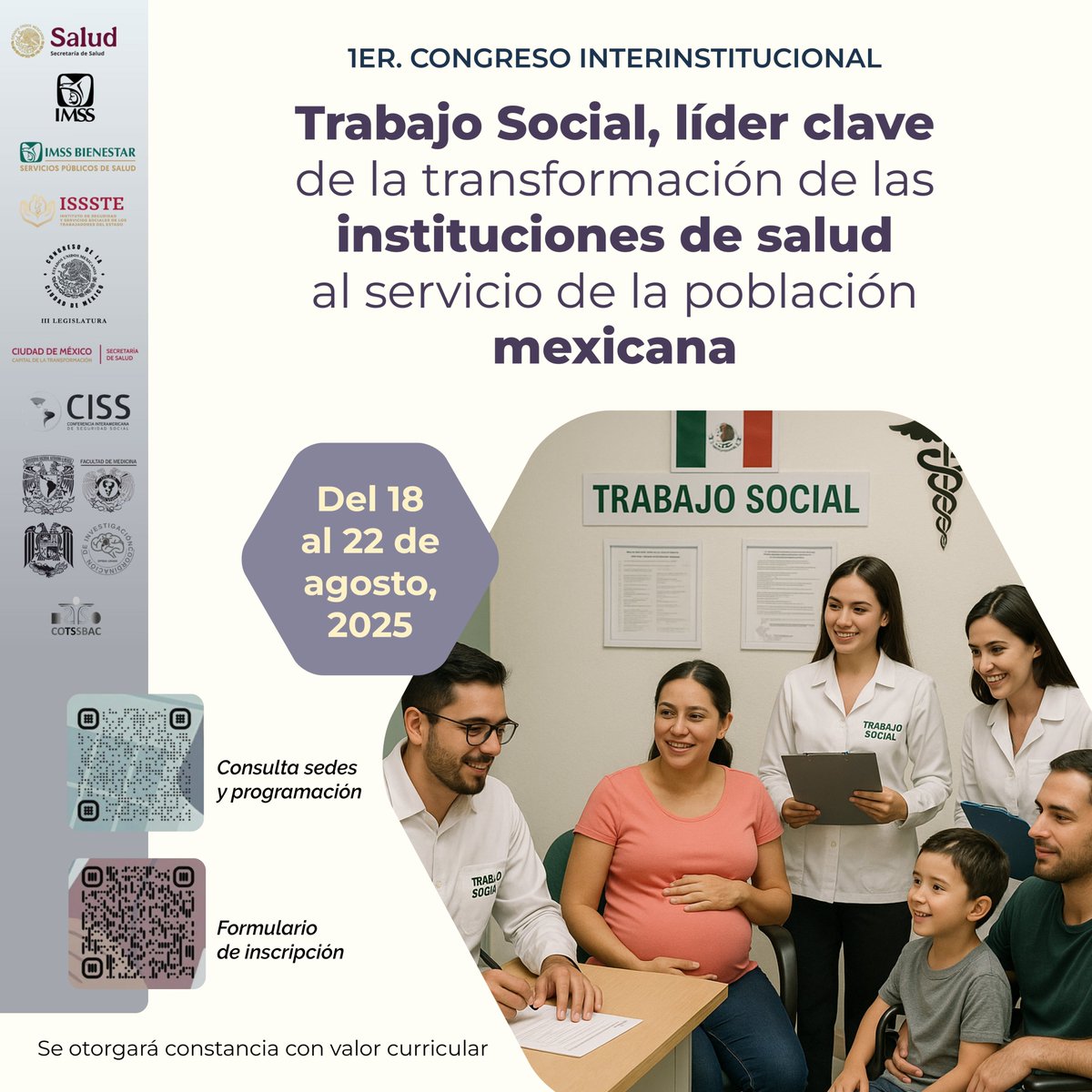 Escuela Nacional de Trabajo Social ENTS UNAM (@entsunamoficial) on Twitter photo Primer congreso interinstitucional
Trabajo Social, líder clave de la transformación de las instituciones de salud al servicio de la población mexicana.
Escanea los códigos QR para obtener más información. Primer congreso interinstitucional
Trabajo Social, líder clave de la transformación de las instituciones de salud al servicio de la población mexicana.
Escanea los códigos QR para obtener más información.