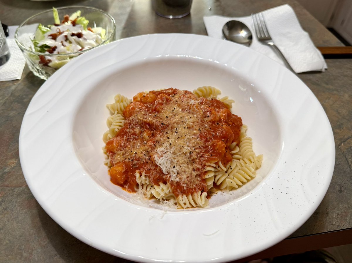 oldjedicz's tweet image. Today's "What do you have on hand to create?" is: Your choice of pasta. The sauce: Rao's Vodka Marinara, precooked langostino tails, sautéed bay scallops in butter and lemon, all added to the sauce and simmered to serving temperature. The cheese topper is a blend of Pecorino…