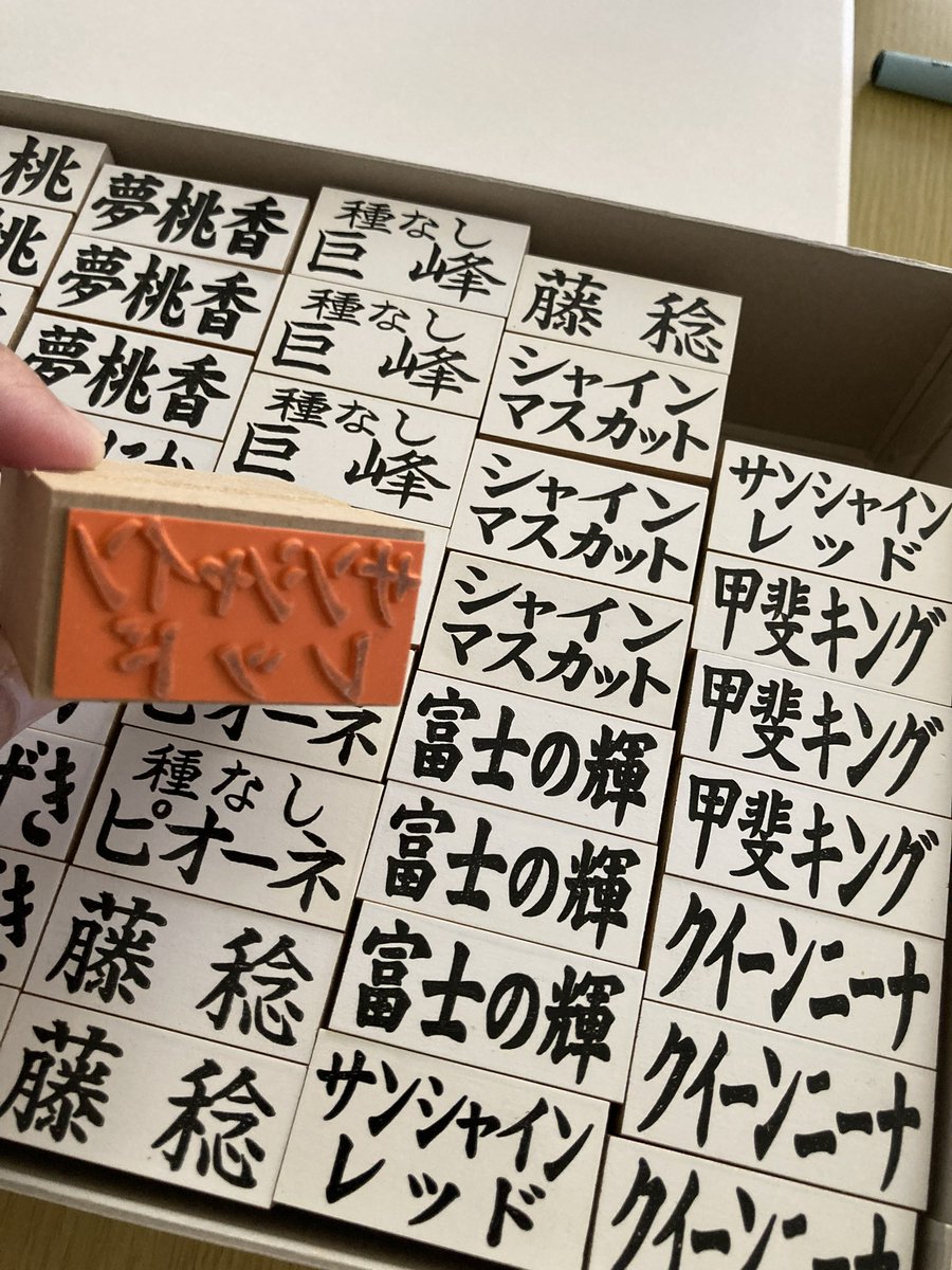 may_planning's tweet photo. 【果実印ゴム印】
果物の出荷用ダンボールに押すゴム印です。

1個:550円税込～

新しい品種のはんこもお作り致します。
お早めに御検討くださいませm(_ _)m

#ゴム印 #果実印 #ぶどう #桃 #シャインマスカット #富士の輝 #サンシャインレッド https://t.co/aUQm7Jiz0Q