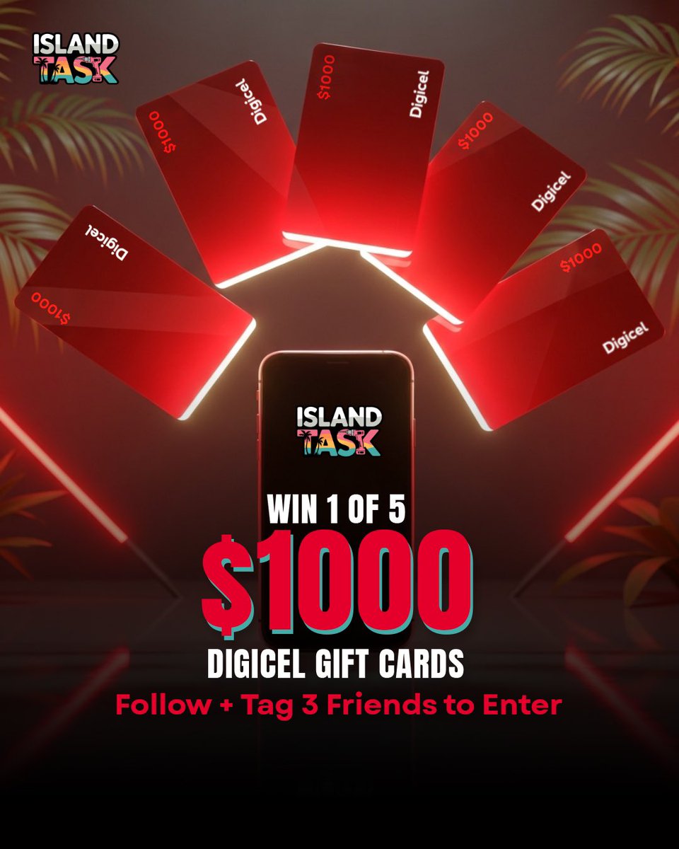 IslandTask's tweet photo. 🎉 GIVEAWAY ALERT! 🎉

We're giving away 5 $1000 Digicel gift cards to 5 lucky winners! 🎁 It's super easy to enter:

1️⃣ Follow both @islandtask and @islandrunjamaica
2️⃣ Tag 3 friends below
3️⃣ Tell us the first service you'd book on Island Task!

Winners announced on August 11th https://t.co/lVflipnNhN