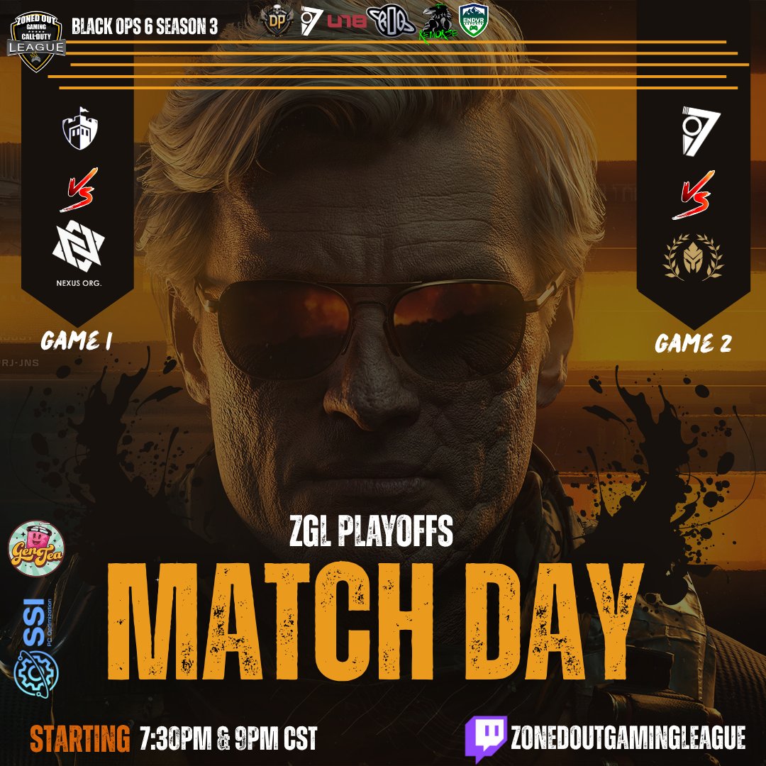 Zoned Out Gaming League (@zglcallofduty) on Twitter photo 🎮 #ZGL PLAYOFFS | MAIN STAGE ACTION 🔥
Two epic battles. One unforgettable night.
Witness the intensity as top squads clash for playoff glory in #BlackOps6 Season 3!
🕢 Game 1 – PM CST
🛡️ <a href="/FortifiEsports/">Fortifi eSports</a> vs <a href="/TeamNexusOrg/">Nexus Org</a>
🕘 Game 2 – PM CST
🎯 <a href="/o7xEsports/">o7 Esports</a> vs <a href="/LycusEmpire/">Lycus Empire</a> 🎮 #ZGL PLAYOFFS | MAIN STAGE ACTION 🔥
Two epic battles. One unforgettable night.
Witness the intensity as top squads clash for playoff glory in #BlackOps6 Season 3!
🕢 Game 1 – PM CST
🛡️ <a href="/FortifiEsports/">Fortifi eSports</a> vs <a href="/TeamNexusOrg/">Nexus Org</a>
🕘 Game 2 – PM CST
🎯 <a href="/o7xEsports/">o7 Esports</a> vs <a href="/LycusEmpire/">Lycus Empire</a>