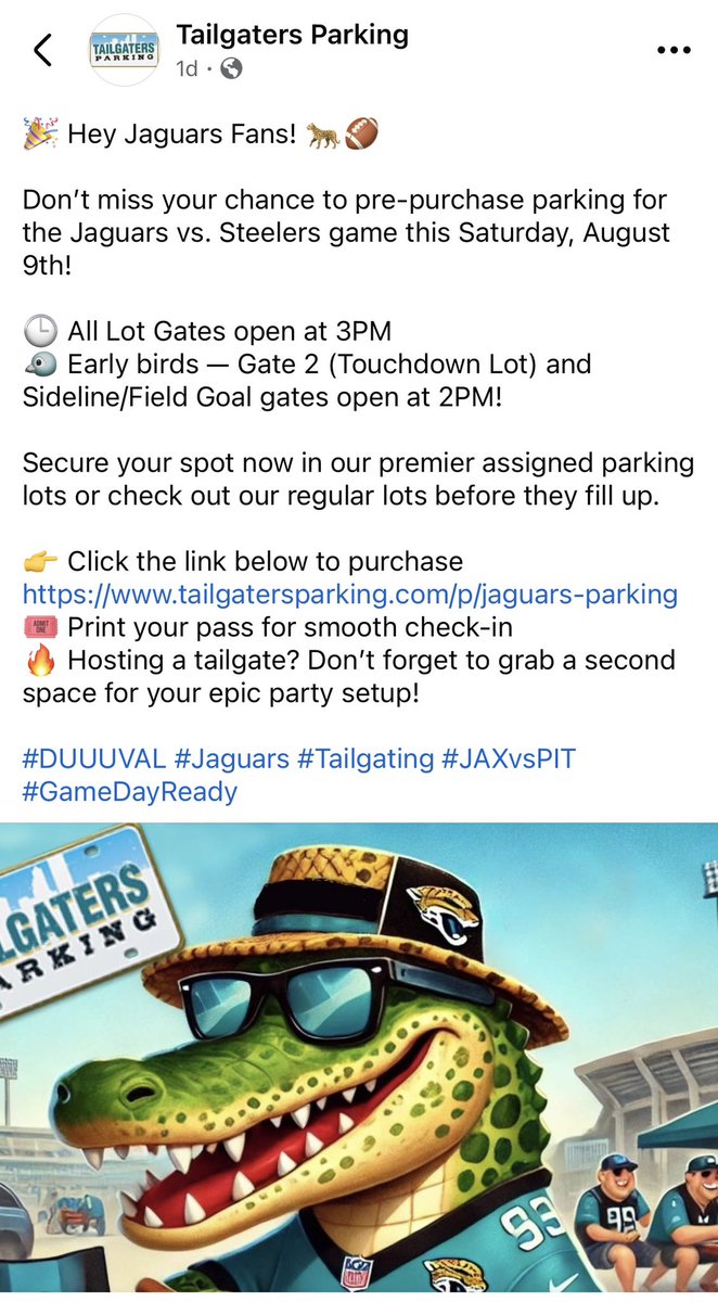 Jpaw (@jpaw1002) on Twitter photo For those going to the .<a href="/Jaguars/">Jacksonville Jaguars</a> game Saturday night. Here’s the lot opening times info. For those going to the .<a href="/Jaguars/">Jacksonville Jaguars</a> game Saturday night. Here’s the lot opening times info.