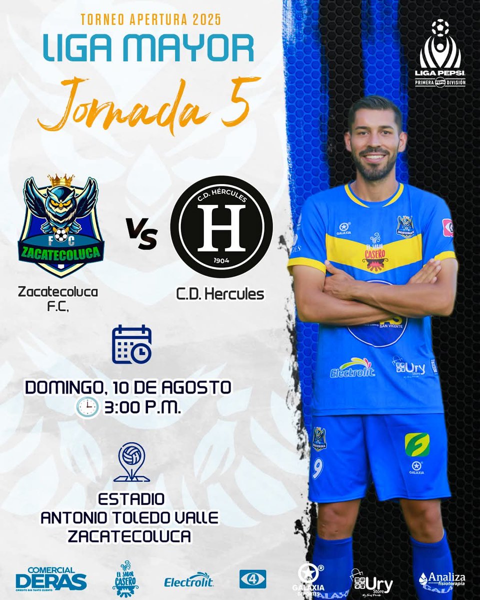 🟩 MAYOR | Jornada 5
🗓️ Domingo, 10 de agosto
🕒 3:00 p.m.
📍 Estadio Antonio Toledo Valle, Zacatecoluca
🏠 ¡Jugamos en casa!
Zacatecoluca F.C. recibirá a C.D. Hércules en la Jornada 5 del Apertura 2025.
🎟️ General: $5.00 | Sombra: $10.00