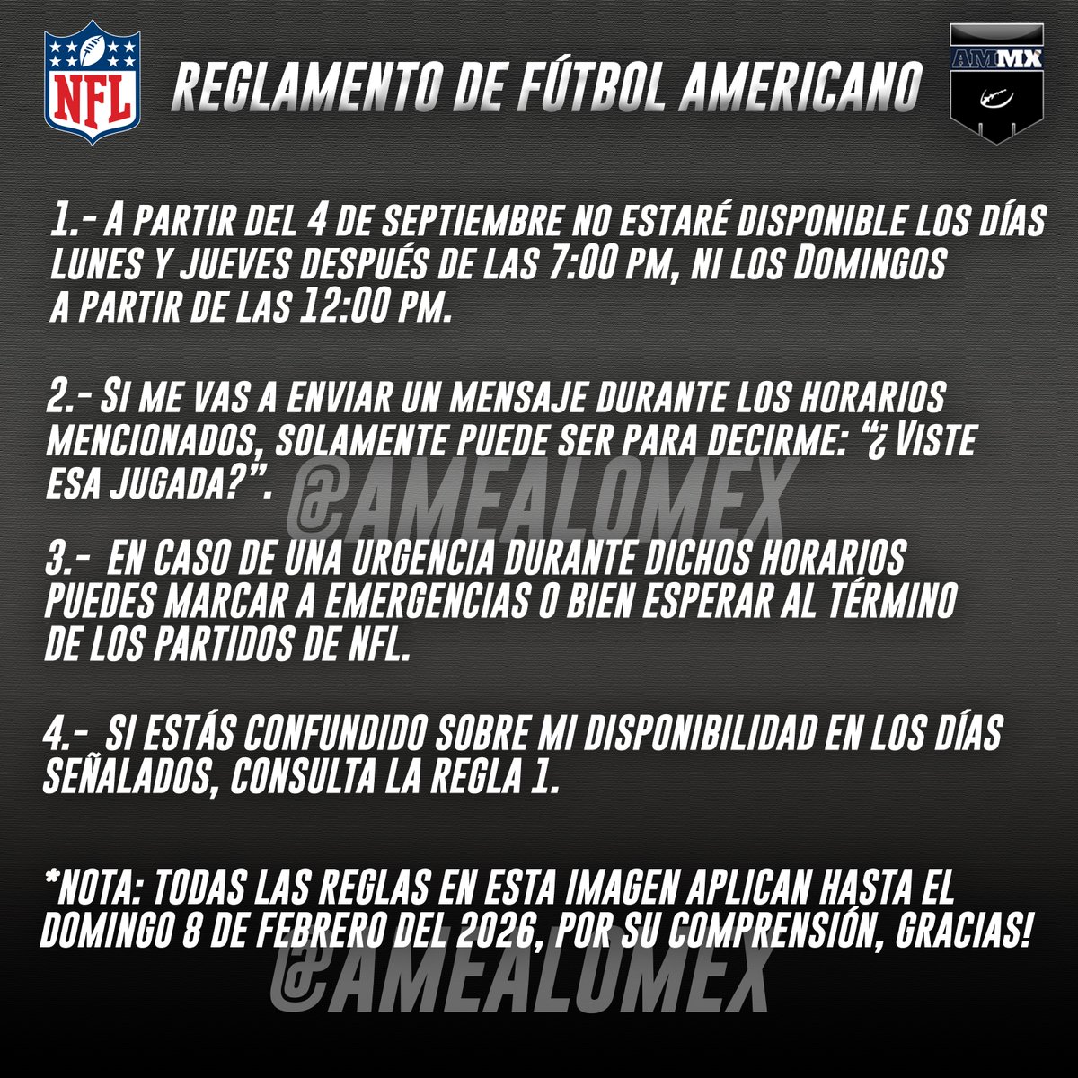 ¡¡IMPORTANTE!!

Aprovechando que estamos a exactamente un mes del arranque de la NFL. Les dejamos el reglamento oficial para que los compartan con sus familiares y amigos. Estaremos pasando todos los juegos en nuestro Telegram. 

Mira los partidos aquí: x.com/AmeAloMex