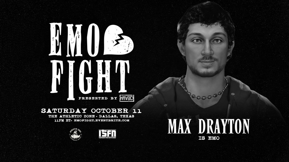 HAVOC! Pro (@havocpro2k) on Twitter photo EMO FIGHT debuts during OctoberFest Weekend in Dallas TX!
Tickets are On Sale NOW:
HAVOCEMOFIGHT.EVENTBRITE.COM
Already Signed:
AMARA PARKER
HUNTER ANDREWZ
RAMONA DERNT
MAX DRAYTON
Live Performance by BUBBA PERKINS IN EMO MAKEUP.
+more!
Watch LIVE on <a href="/ISFN_2k/">Independent Star Fight Network</a>+
Sat 10/11 - 11PM EMO FIGHT debuts during OctoberFest Weekend in Dallas TX!
Tickets are On Sale NOW:
HAVOCEMOFIGHT.EVENTBRITE.COM
Already Signed:
AMARA PARKER
HUNTER ANDREWZ
RAMONA DERNT
MAX DRAYTON
Live Performance by BUBBA PERKINS IN EMO MAKEUP.
+more!
Watch LIVE on <a href="/ISFN_2k/">Independent Star Fight Network</a>+
Sat 10/11 - 11PM
