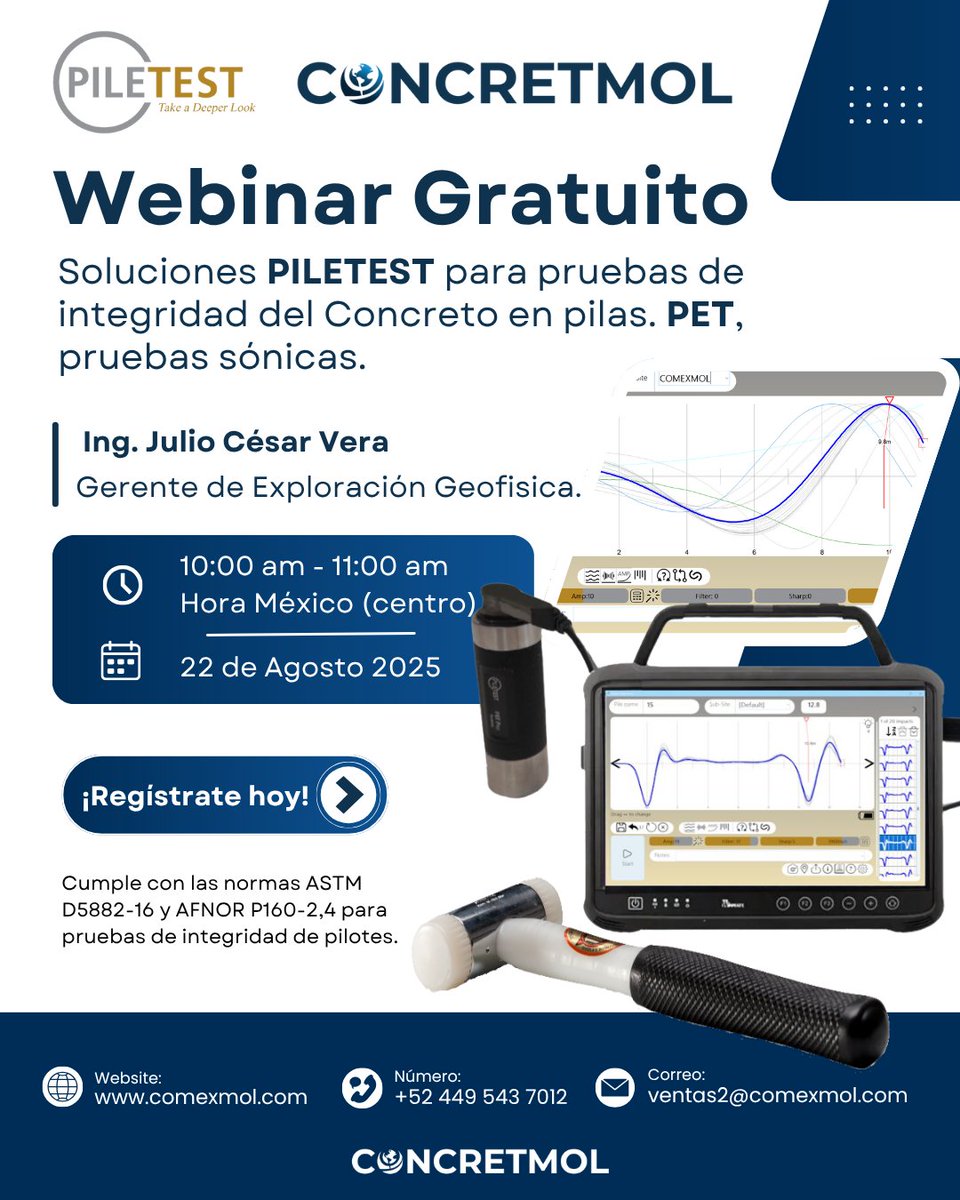 concretmol's tweet image. ¿Eres Ingeniero Civil, Geofísico…? 🌐

Entonces este Webinar es para ti. 
CONCRETMOL te invita a nuestro próximo Webinar:
Webinar: Soluciones PILETEST.
Cupo limitado – Regístrate aquí para recibir link del evento y asegura tu lugar:
us06web.zoom.us/meeting/regist…

#Webinar #PILETEST