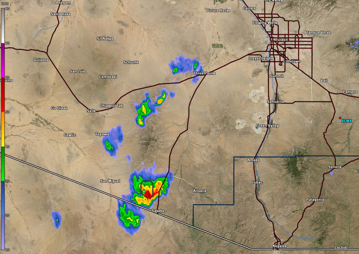 NWSTucson's tweet photo. 🌵⛈️ Radar Update 515 PM MST:
A strong Isolated thunderstorm across south central #Pima (between #Sasabe and San Miguel) will be capable of producing frequent lightning, brief heavy rainfall & wind gusts to 45 mph. Localized blowing dust will accompany the stronger gusts. #azwx https://t.co/gWWITcftQt