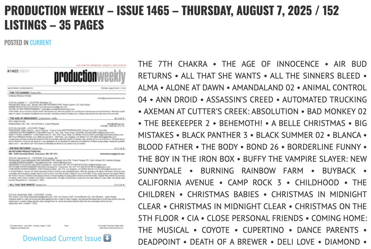 prodweek's tweet image. Production Weekly - Issue 1465 - Thursday, August 7, 2025 / 152 Listings - 35 Pages

Download Current Issue ⬇️

productionweekly.com/production-wee…