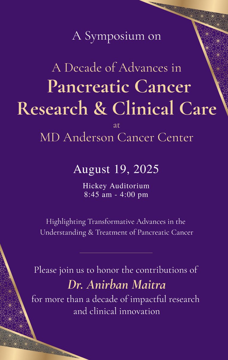 Join us for a star-studded symposium honoring someone very special. 

🗓️Tuesday, August 19
⏰8:45 AM
📍MD Anderson Cancer Center

We bid a fond farewell to <a href="/Aiims1742/">Anirban Maitra</a> and celebrate his impact on pancreatic cancer research and clinical care!

Program highlights below 👇
