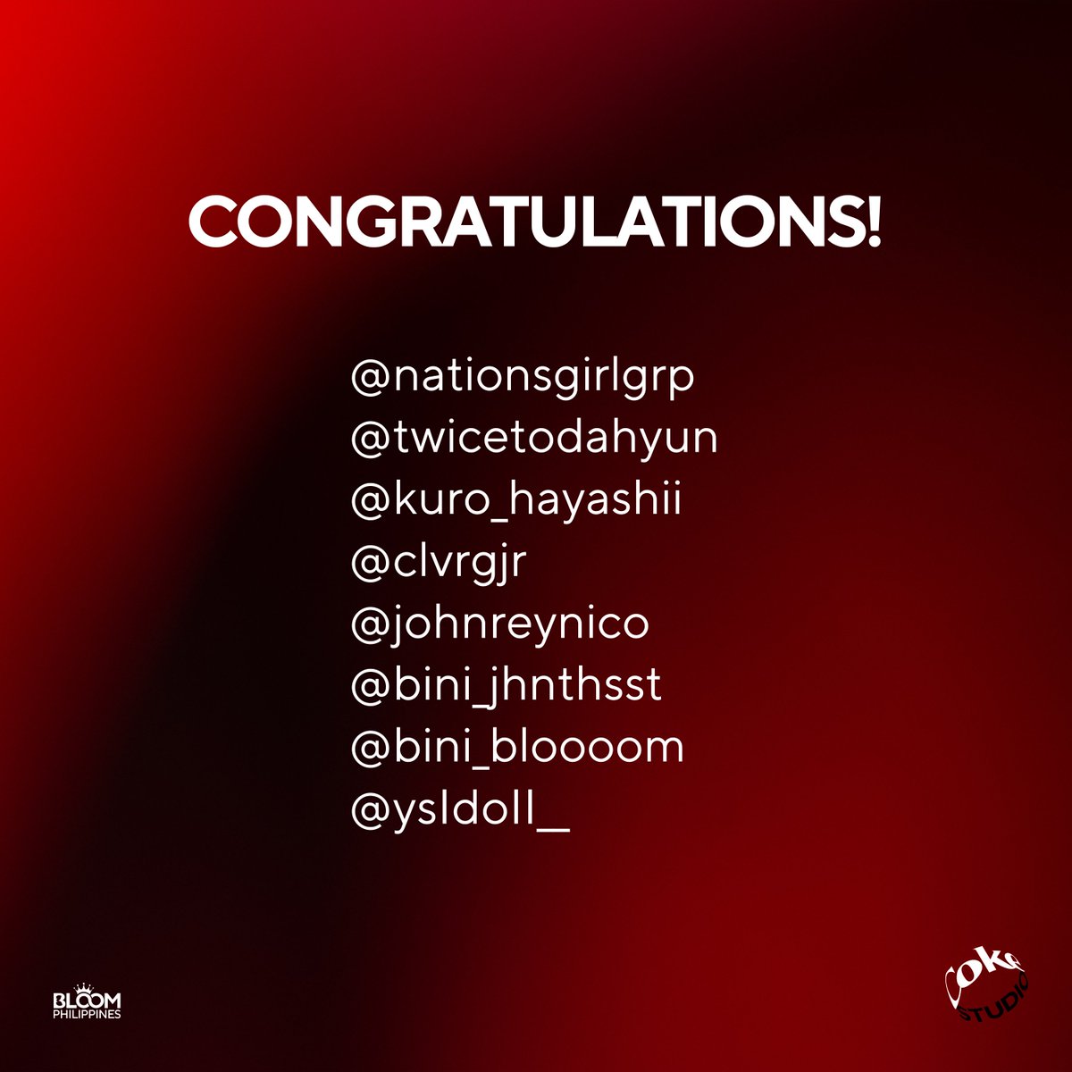 TEAMBLOOMPH's tweet photo. Hello, Blooms! πΈ
Here are the lucky winners of our Oxygen MV Streaming Giveaway! π
Congratulations! π
Weβll be reaching out to you with details on how to claim your prizes.
Thank you to everyone who joined and supported!
#CokeStudioPHSeason9
#CS9Oxygen #BINIxCokeStudio
#BINI