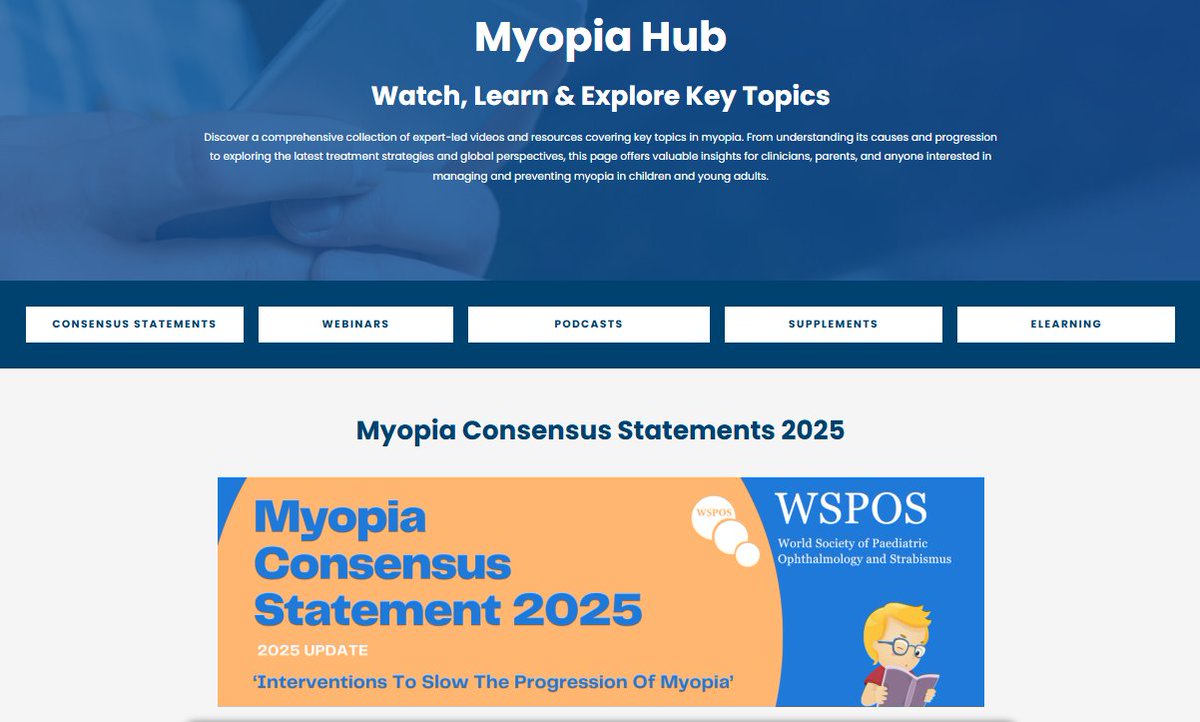 WSPOS's tweet image. 📘 The 2025 #WSPOS #Myopia Consensus Statement is out, and there’s more to explore.
🎥 Head to the Myopia Hub for expert videos, resources, and global strategies to manage and prevent childhood myopia.
Start here 👉 wspos.org/myopia/