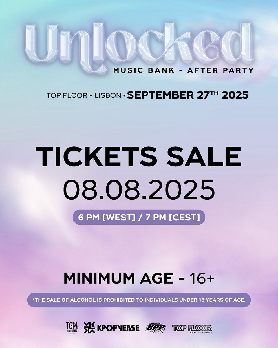 Unlocked_Exp's tweet photo. TICKETS ON SALE AUGUST 8TH (FRI)🪩

🎟️ Tickets will be available via the LINK ON OUR BIO or through the “TICKETS” highlight on our instagram profile (@unlocked.experience) 
 
#MusicBankinLisbon #MBAfterparty #afterparty #Lisbon #events #kpop #kpopemportugal https://t.co/Zw6AEbMoXQ