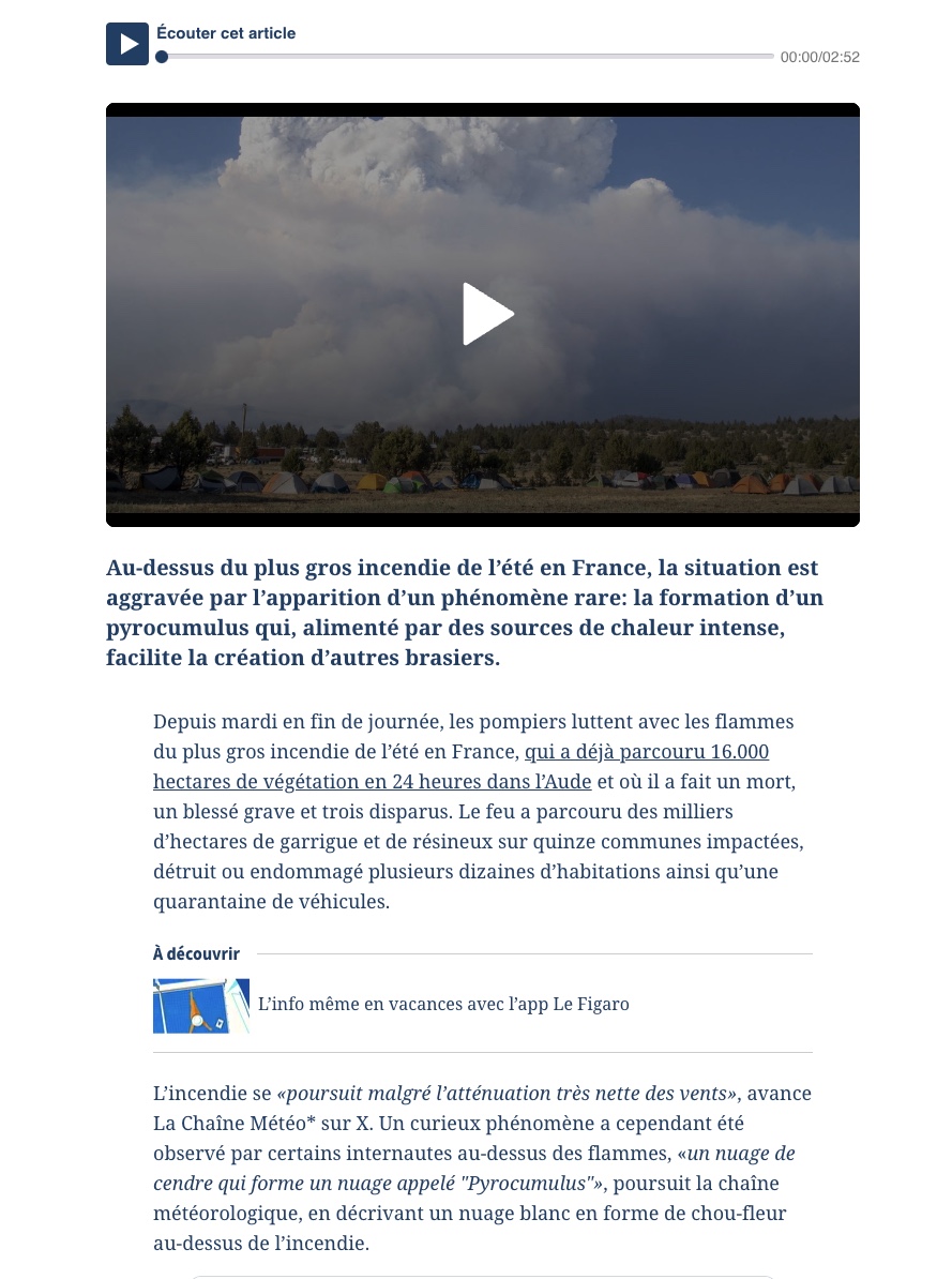 denisedetralala's tweet image. Qu’est-ce qu’un « #pyrocumulus », ce nuage dangereux aperçu au-dessus de l’#incendie qui ravage l’#Aude ? lefigaro.fr/meteo/qu-est-c…