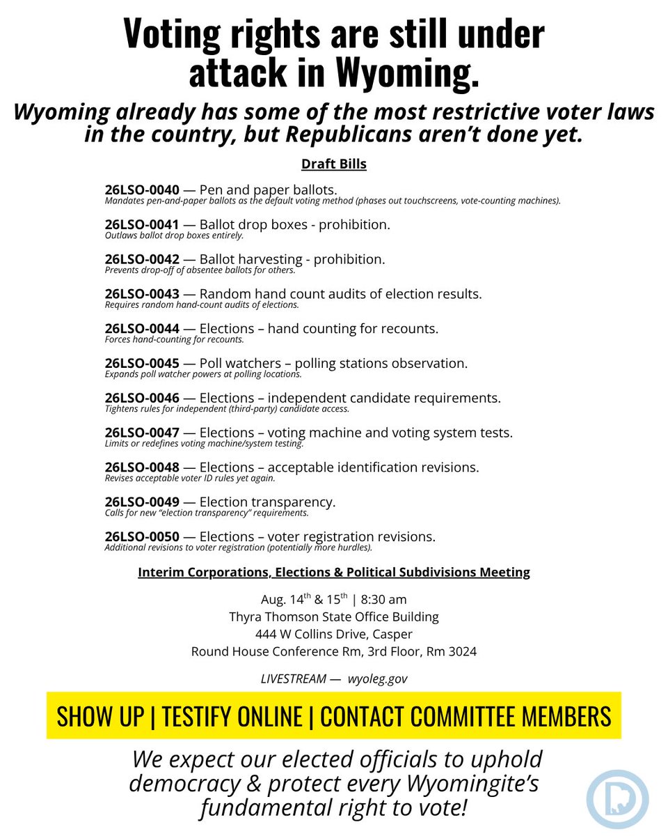 As we reflect on the 60th anniversary of the Voting Rights Act, we recognize that the fight is far from over in Wyoming. Please help us protect our democracy by showing up, testifying, and contacting committee members to speak out against these ongoing attacks on our rights.