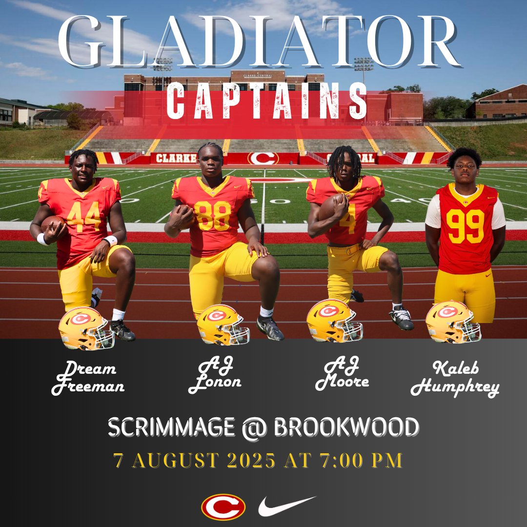 🛡️ Gladiator Captains are locked in for tomorrow night’s scrimmage at Brookwood! 💪

🔥 Kickoff is set for 7:00 PM. Come out and support our leaders as they guide the team into the season!