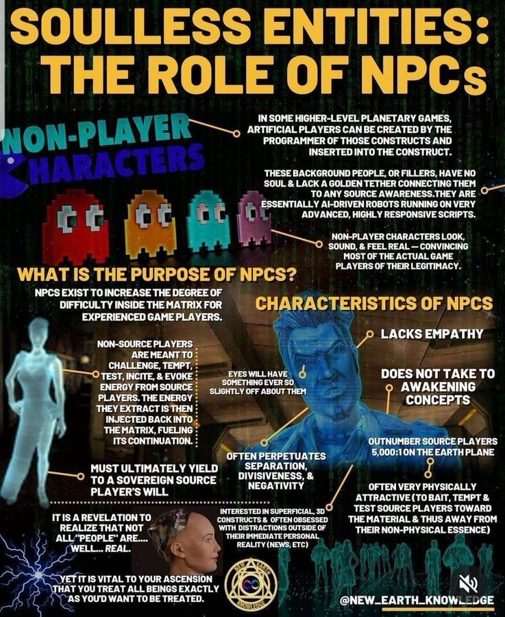 The NPC Conundrum: Programming A Simulated Life

I did an article on this on my other channel. So I figure I bring some up to speed on how I see this phenomenon.  This is a pressing issue for some who wonder if they themselves may be an NPC. 

The concept of NPCs, or Non-Player