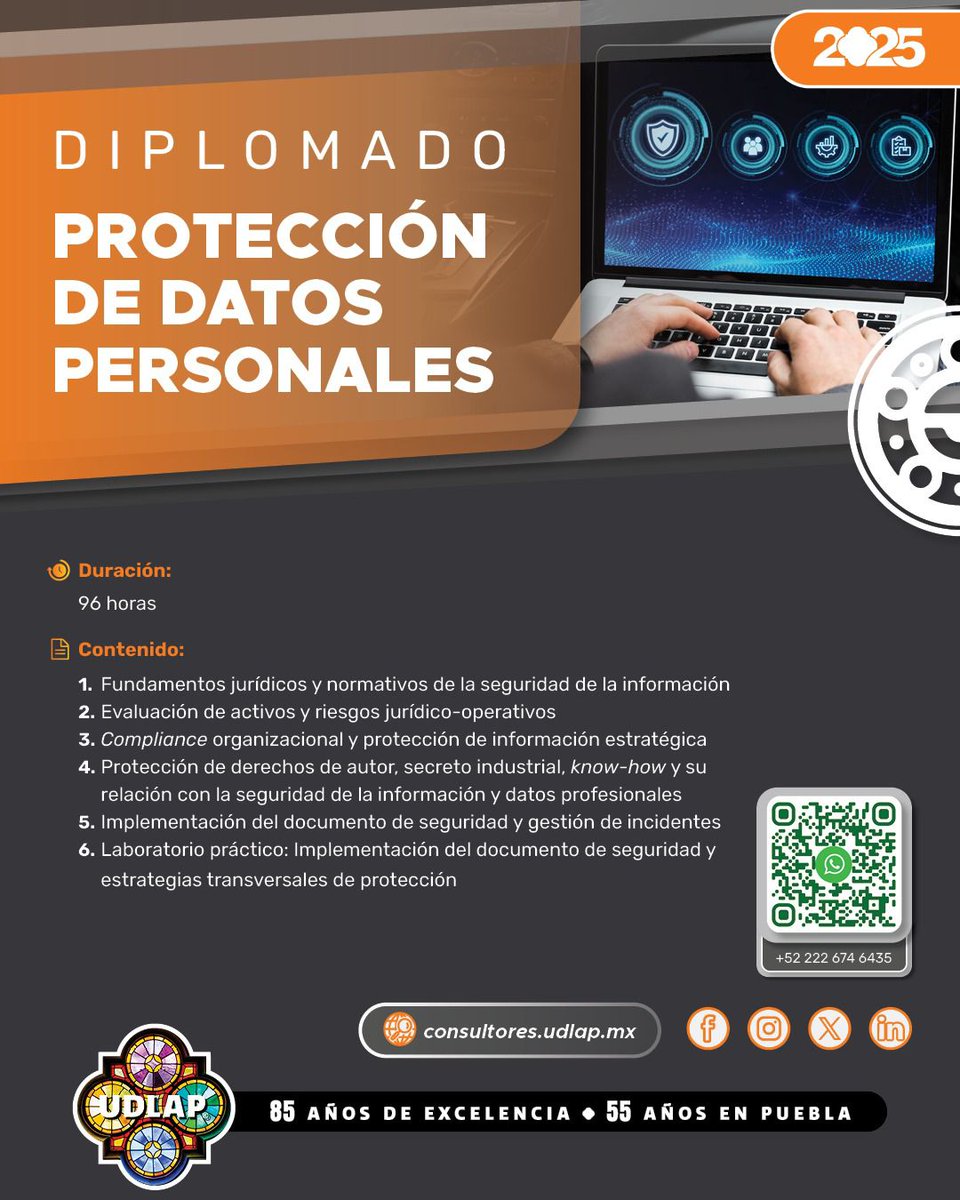Julio César Bonilla Gutiérrez (@juliocbonillag) on Twitter photo 🤖|Les comparto información sobre el Diplomado en protección de datos personales coordinado por <a href="/UDLAPConsult/">Educación Continua UDLAP Consultores</a>, donde se explorará: cómo gestionar riesgos, cumplir normas, proteger datos y secretos industriales, y aplicar estrategias reales en un laboratorio práctico.
🔗 🤖|Les comparto información sobre el Diplomado en protección de datos personales coordinado por <a href="/UDLAPConsult/">Educación Continua UDLAP Consultores</a>, donde se explorará: cómo gestionar riesgos, cumplir normas, proteger datos y secretos industriales, y aplicar estrategias reales en un laboratorio práctico.
🔗