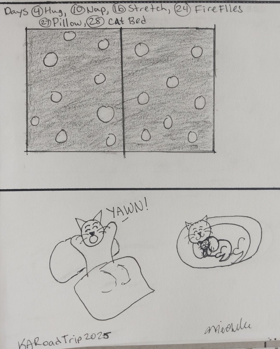 MichelleForNow's tweet image. My last two scribble scrabbles for June's challenge. 😆 That's supposed to be fireflies outside the window and a kitten that the cat in the bed is hugging 😄