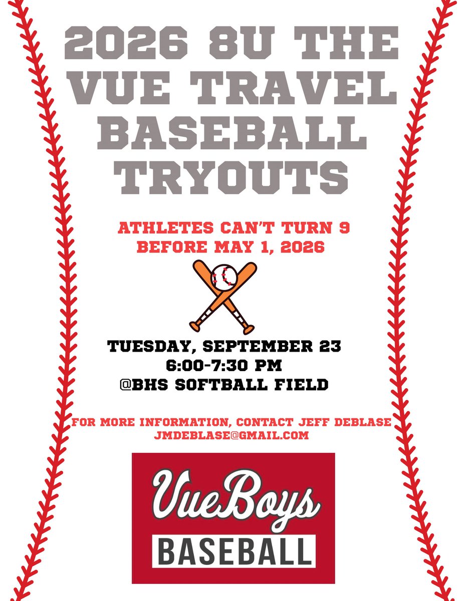 Tryout info for the 8U and 10U Vue teams.