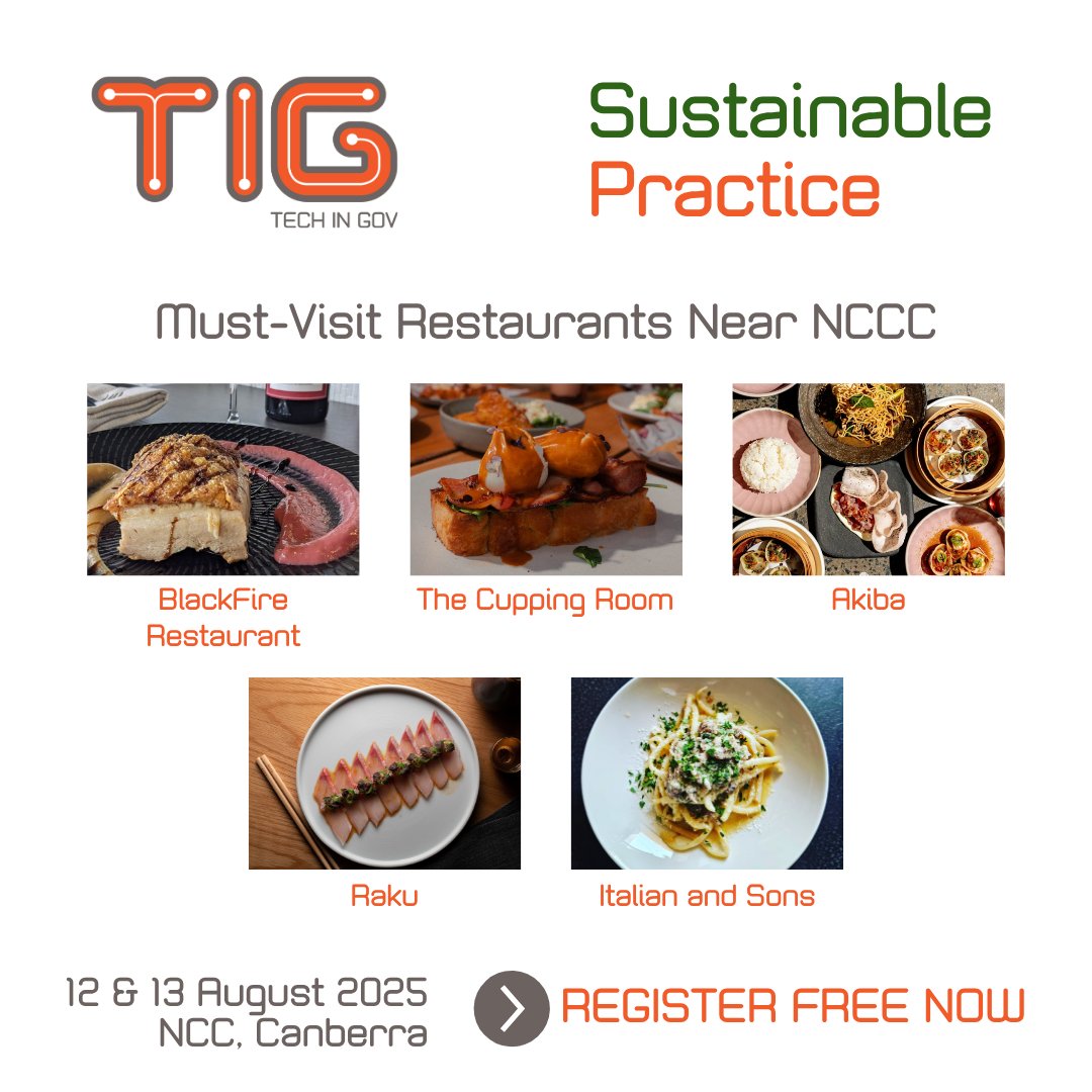 Techingov_AU's tweet image. Make your #TechinGov journey &amp;amp; dining sustainable! 

NCC Canberra supports lower-carbon commuting and enjoy nearby restaurants accessible by walk, bike, or public transport.

🎫 FREE PASS bit.ly/4lrvnRS
🗓️ 12 &amp;amp; 13 August 2025 | NCC, Canberra