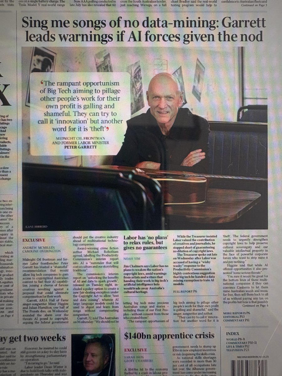 Quentin Dempster (@quentindempster) on Twitter photo Peter Garrett. ā¦<a href="/australian/">The Australian</a>ā©: āThe rampant opportunism of Big Tech (AI) aiming to pillage other peopleās work for their own profit is galling and shameful. They can try to call it āinnovationā but another word for it is ātheftā. š Peter Garrett. ā¦<a href="/australian/">The Australian</a>ā©: āThe rampant opportunism of Big Tech (AI) aiming to pillage other peopleās work for their own profit is galling and shameful. They can try to call it āinnovationā but another word for it is ātheftā. š