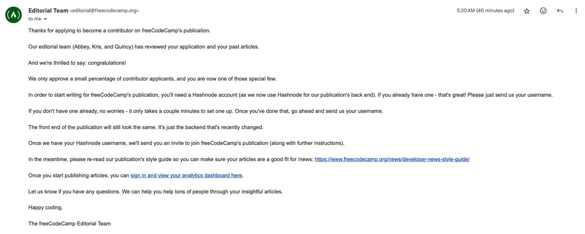 Yay 🎉

Thank you, <a href="/freeCodeCamp/">freeCodeCamp.org</a> team! 

Excited to contribute my first article.
