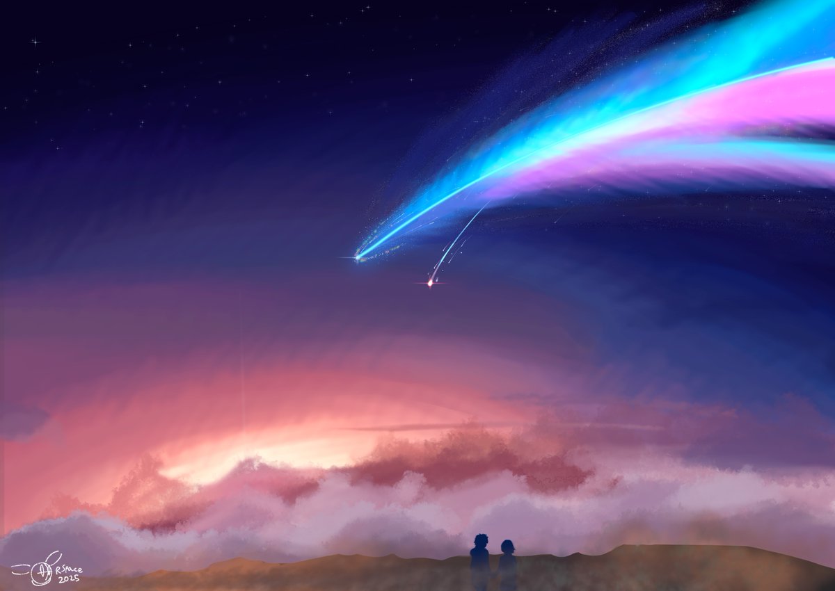 I tried drawing backgrounds for the first time and ended up with this, (Your Name has permanently altered me, amazing movie)  Kataware-doki  #yourname #君の名は