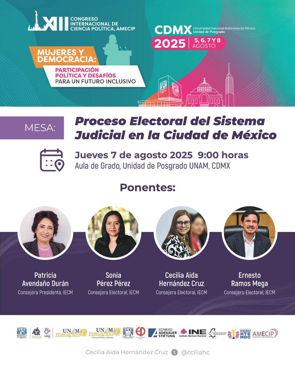 ✨ Mañana jueves participaré en una mesa del Congreso de @AMECIP_Oficial en la <a href="/UNAM_MX/">UNAM</a>, junto a mis colegas del @IECM: <a href="/PatyAvendanoD/">Patricia Avendaño Durán</a>, @SoniaPerezMx y @Ramos_Mega.
🗳️ Compartiremos reflexiones sobre el proceso electoral del Poder Judicial en la CDMX, un reto histórico desde lo