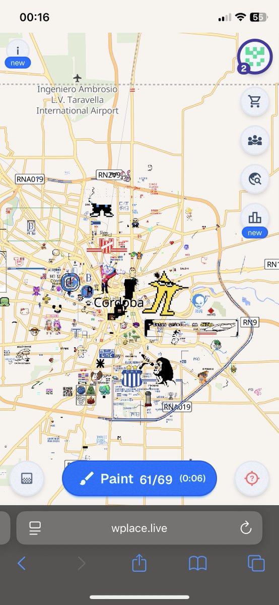 viendo que muchos piratas no están  enterados de esto, esto es wplace.live,como el rplace pero mundial, con ciudades,paises,etc,así esta Córdoba actualmente, ya mismo todos a rellenar la Circunvalación celeste y a tapar todo lo referido a 🐓🇲🇽, los pixeles se recargan