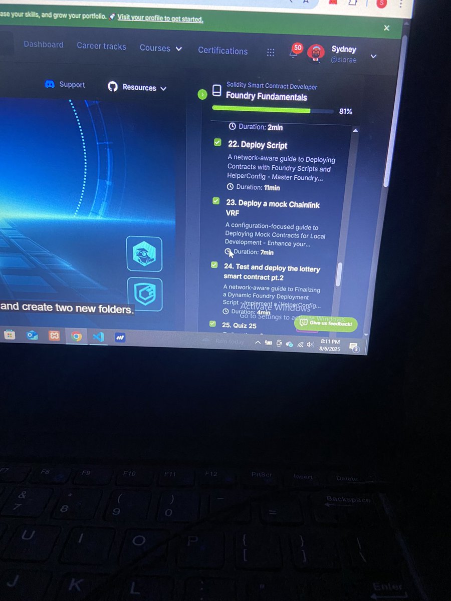 Iamsidrae's tweet image. Almost done with foundry fundamentals as I keep building smart contract lottery. Can’t wait to get on with other courses. Patience is virtue. Practice is the mother of skill. Thanks @CyfrinUpdraft and @PatrickAlphaC 
#web3development #web3Africa #smartcontract
