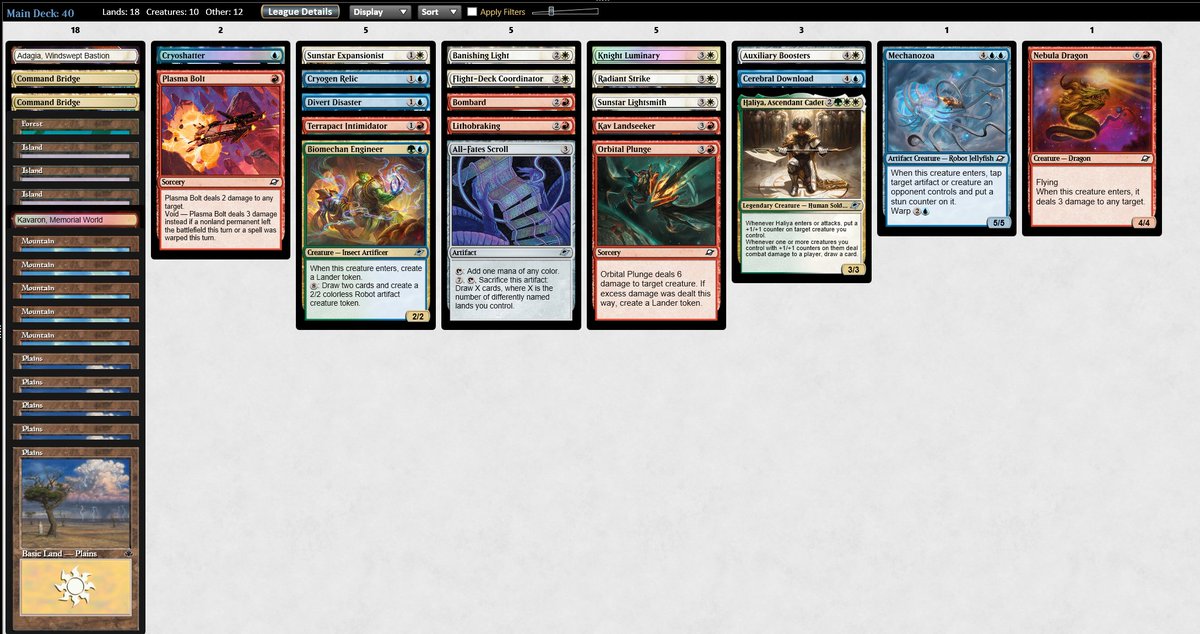 Been testing a lot of sealed in prep for the collector's boxes this weekend, this is the weirdest one yet. All fates scroll saved for 5 and 6, and each of the planets picked up wins. I think sealed is about going as big as possible with a bunch of removal and 18 lands.